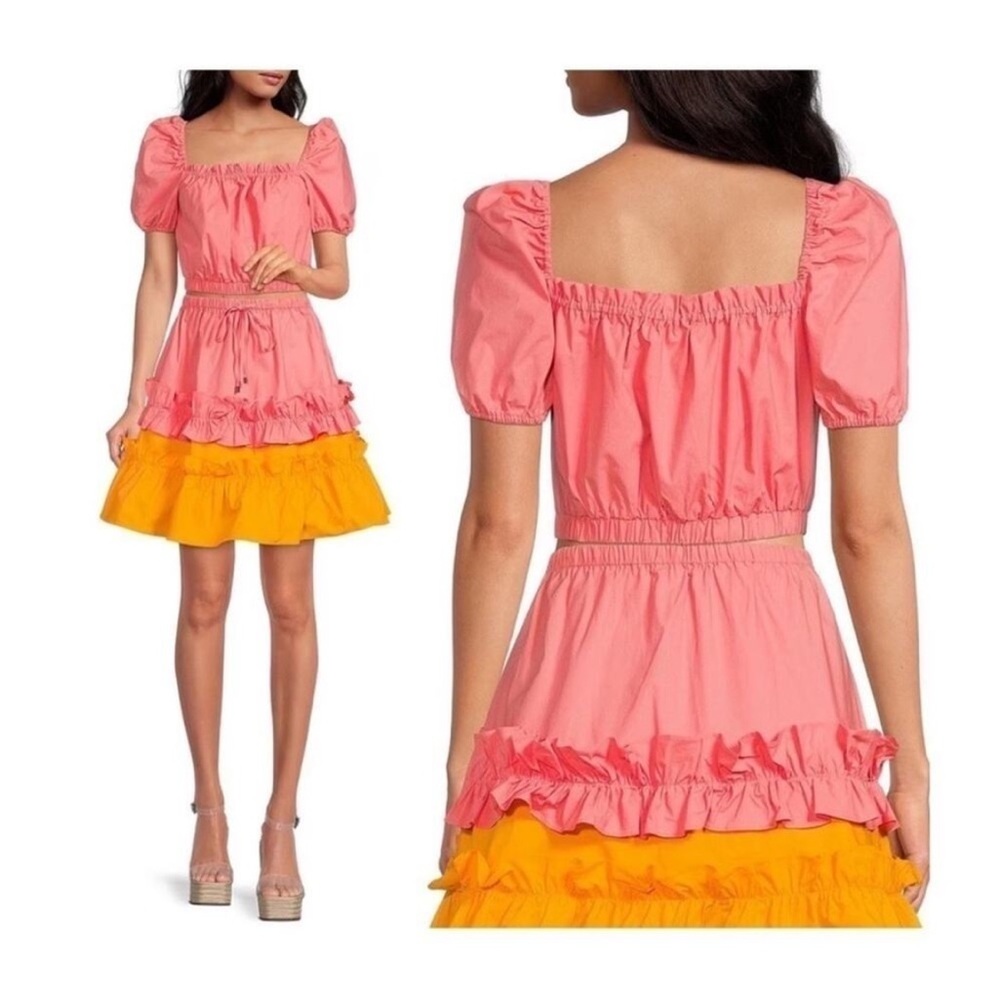 LDT Women's Coral Pink Puff Sleeve Crop Top Off the Shoulder Milk Maid Blouse